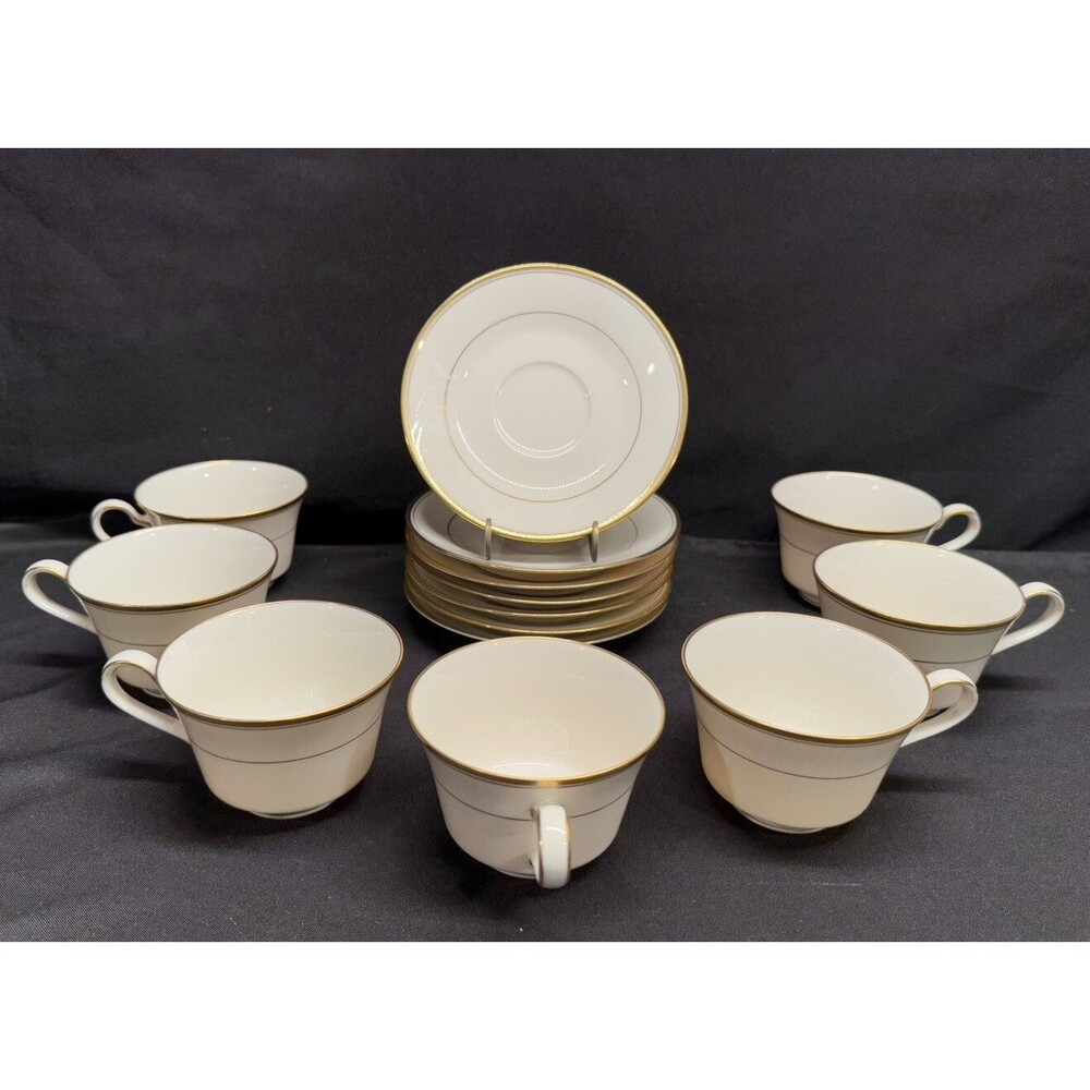 Set Of 7 Vintage Noritake Ivory China Linton Tea Cups And Saucers White & Gold